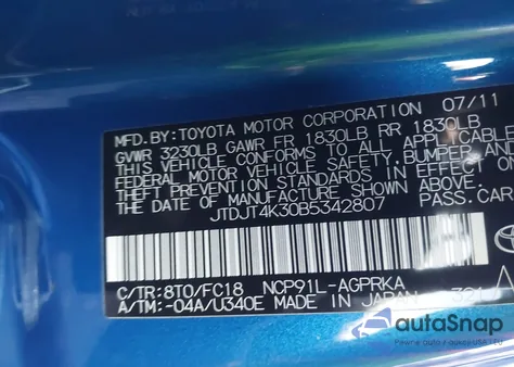 2011 Toyota Yaris from USA, damaged, VIN JTDJT4K30B5342807